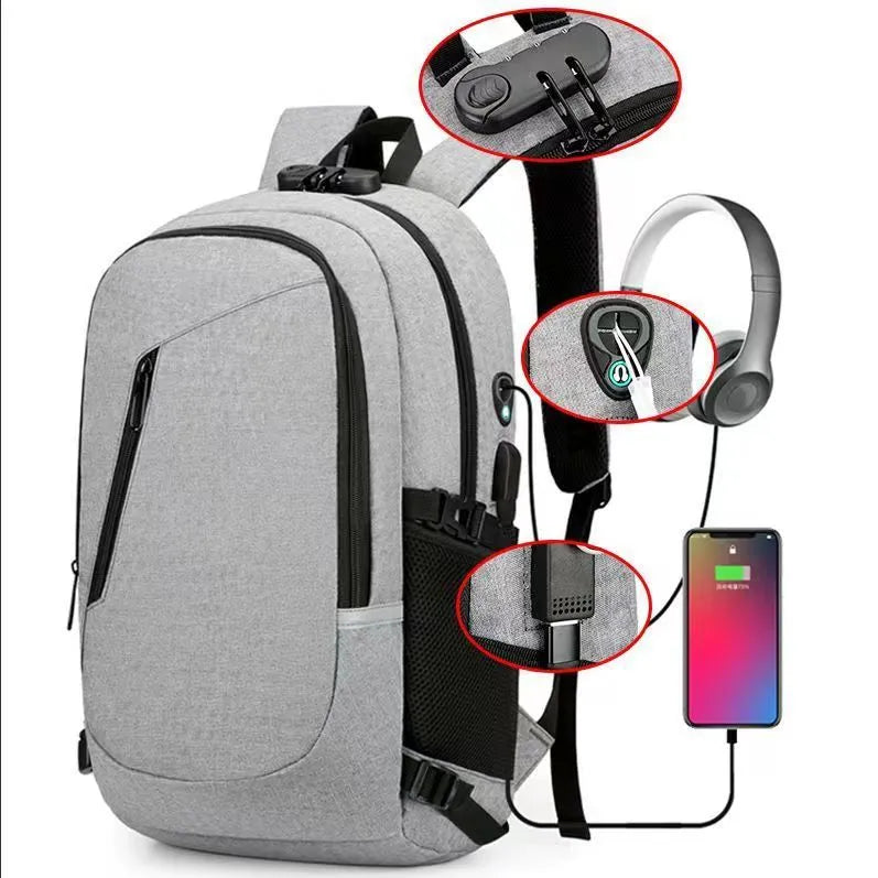 Oxford cloth computer backpack in blue colour showing front storage compartment and adjustable shoulder straps