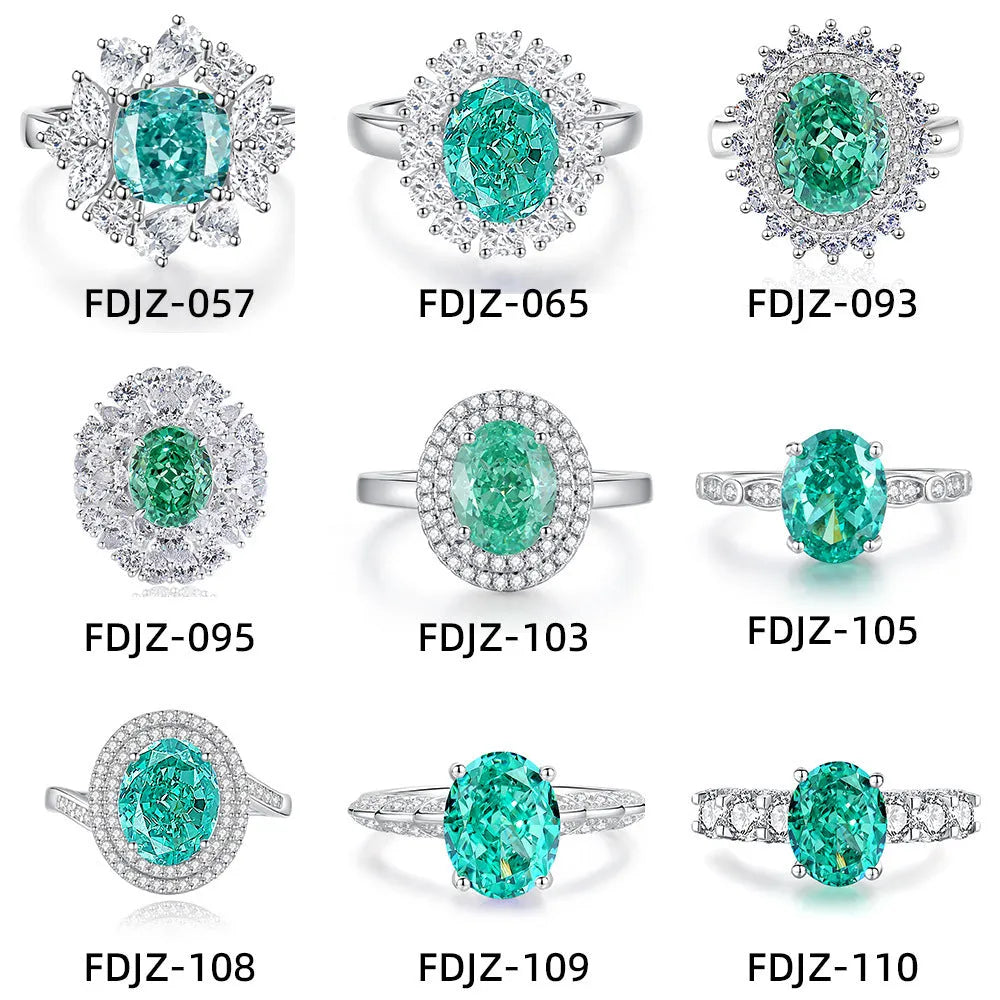 S925 silver emerald ring with high carbon diamond inlay in geometric ellipse shape on model finger.