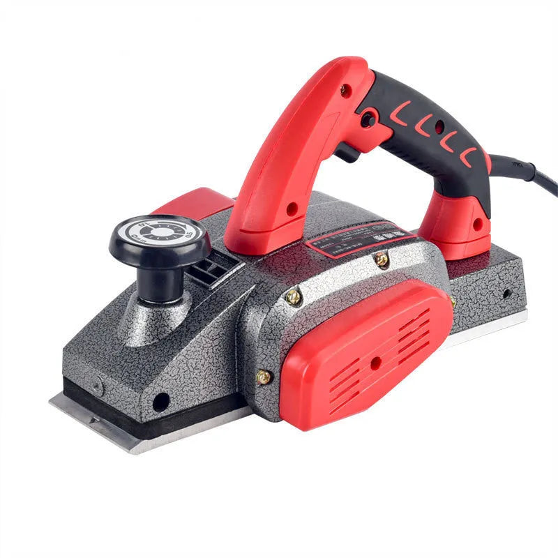 Red electric wood planer tool with aluminum shell showing 82mm planing width measurement