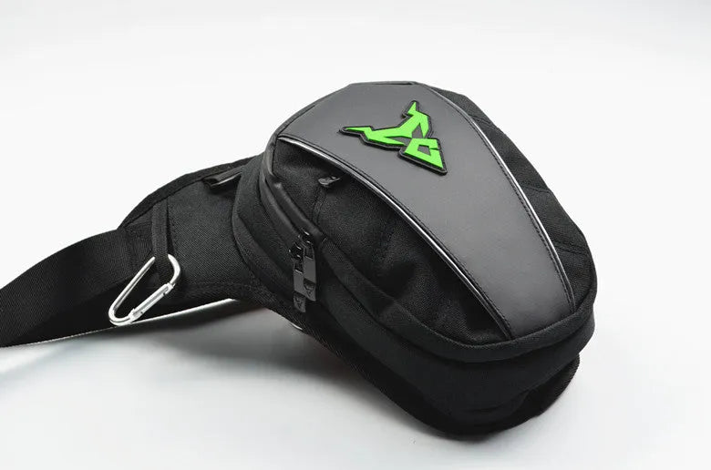 Motorcycle leg bag in 1200D Oxford cloth shown with adjustable straps for crossbody, waist, or shoulder wear.