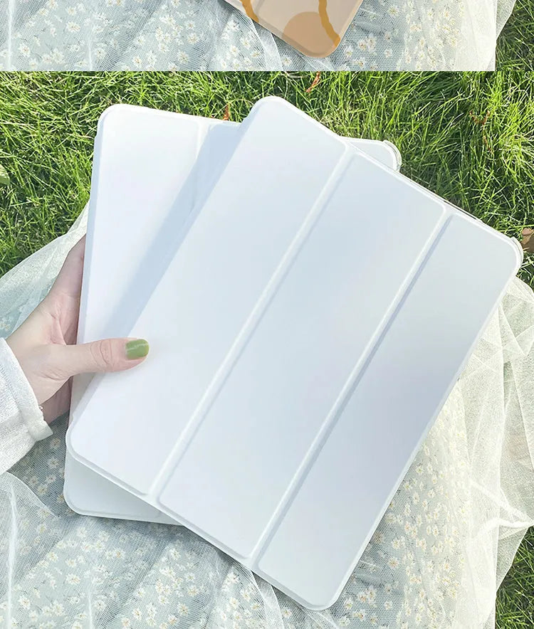 Silicone tri-fold protective case for iPad with cartoon rabbit design shown in flat and standing positions