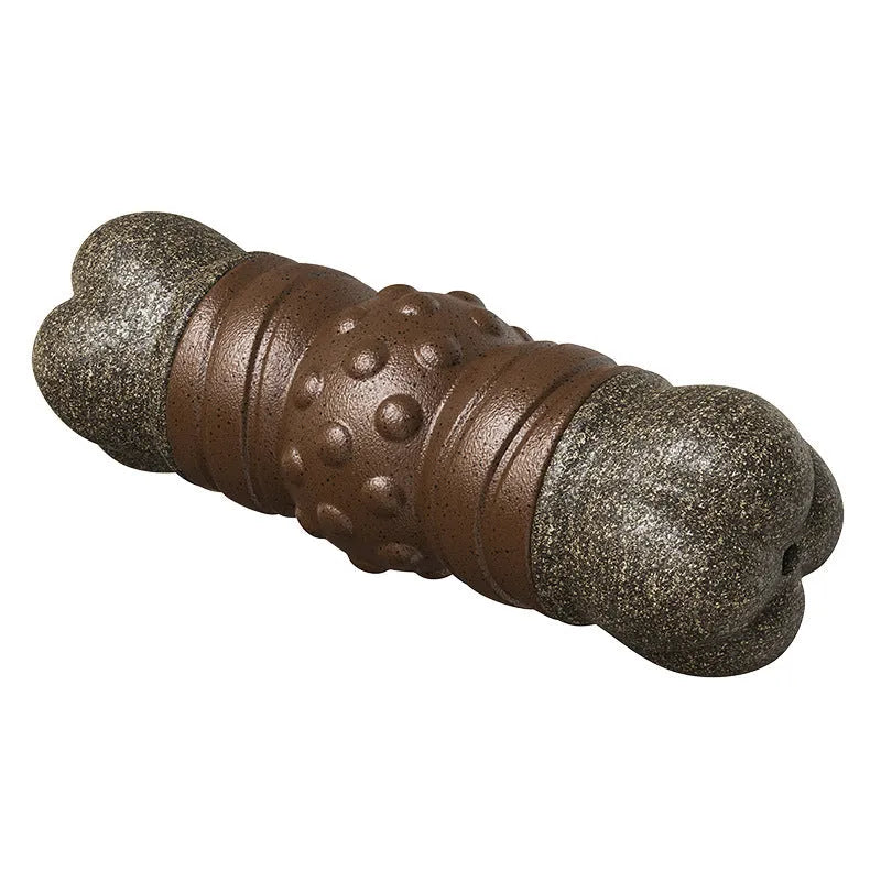 Wood coloured plastic sounding bone dog toy with integrated molar cleaning rod for dental hygiene