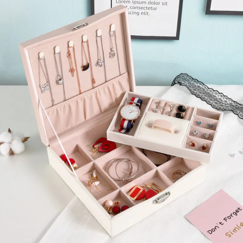 Red PU leatherette jewellery storage box with necklace and ring compartments