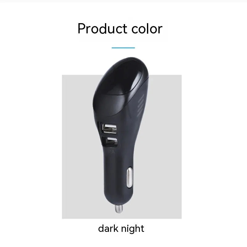 White car USB charger with integrated negative ion air purifier showing compact dimensions