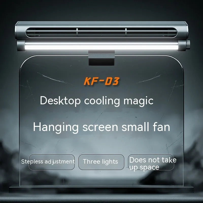 Black USB-powered bladeless clip-on fan attached to laptop screen with integrated LED lighting