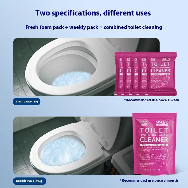 Toilet bubble powder descaling cleaner in blue ocean and pink floral fragrance packages