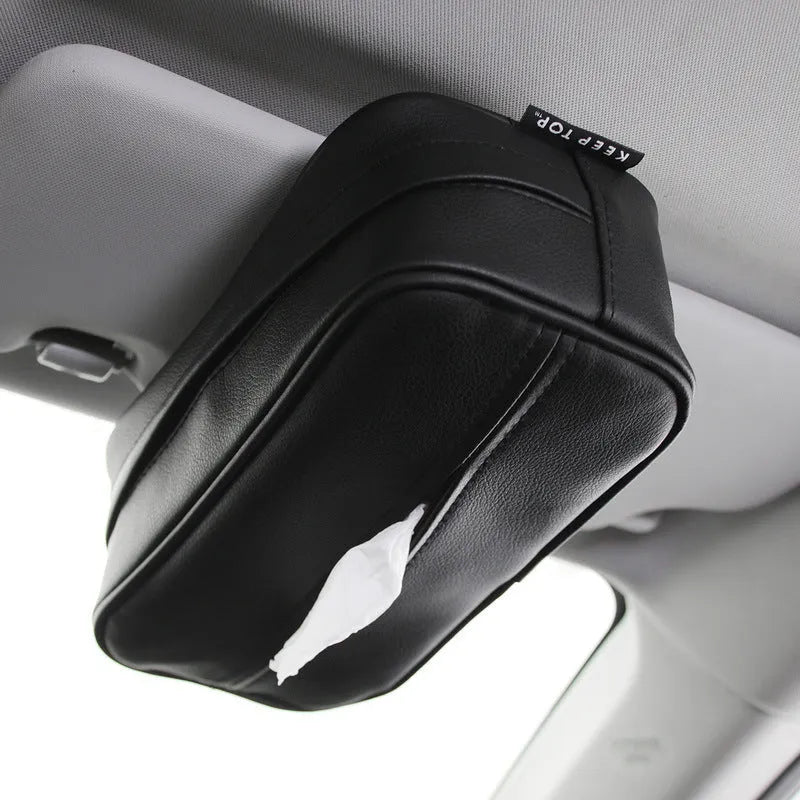 Black PU leather hanging storage box with carrying handle for car and home organisation