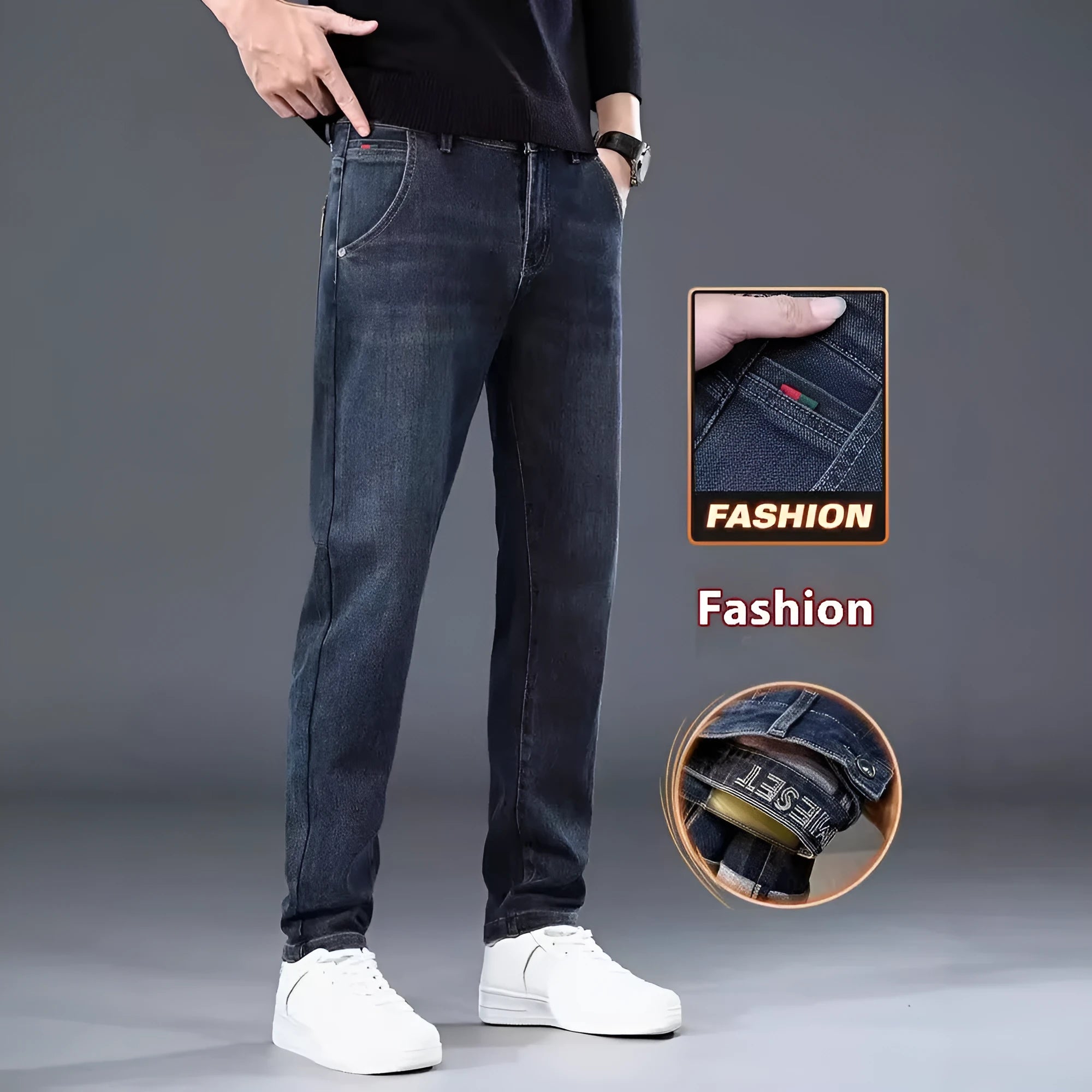 Men's slim straight loose casual trousers in blue grey or black, made from thin polyester fabric with micro elasticity.