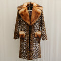 Women's long leopard print artificial fur jacket with regular sleeves