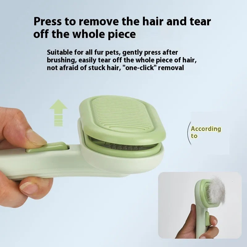 Large pet hair removal comb with stainless steel teeth and one-click button in light green pink or grey