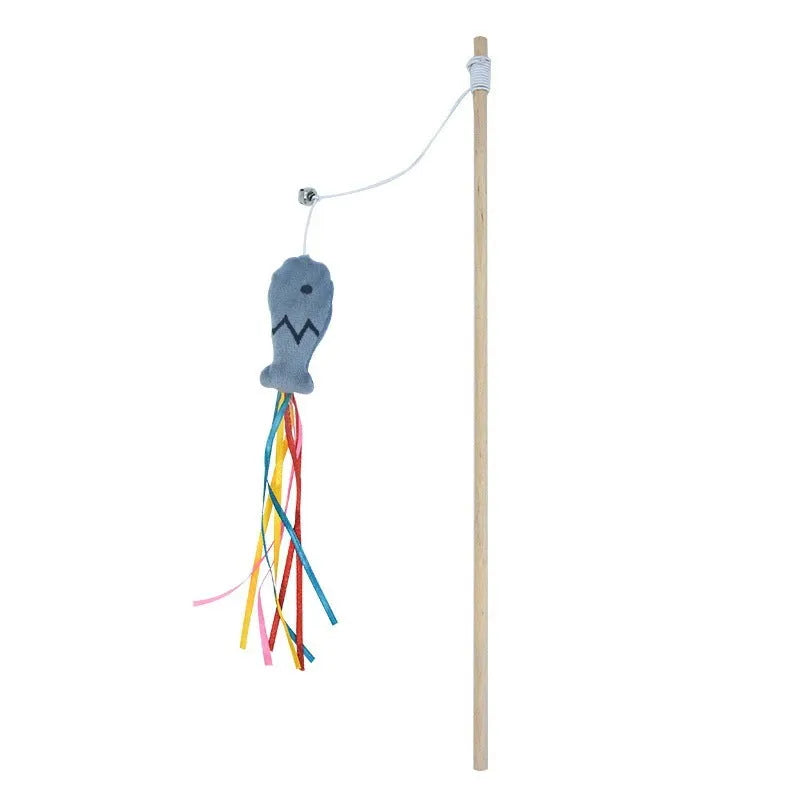 Cat wand toy with wooden handle, elastic rope, catnip fish, colourful ribbons and small bell