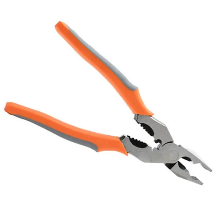 Orange handled 9-inch multi-function wire cutter pliers with chrome steel clamp head.
