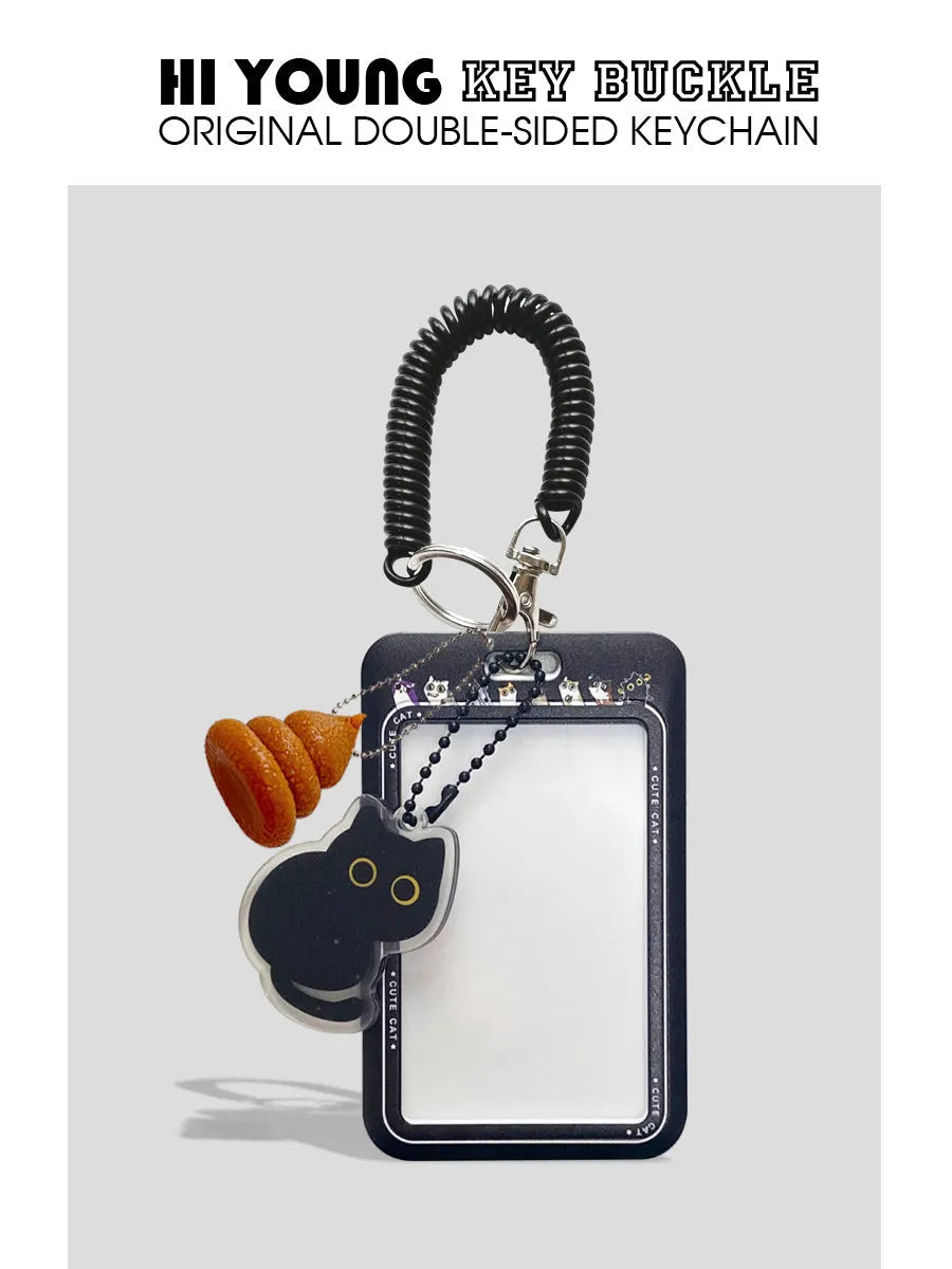 Cartoon black cat plastic card sleeve holder with ferrule pendant for transit and student cards