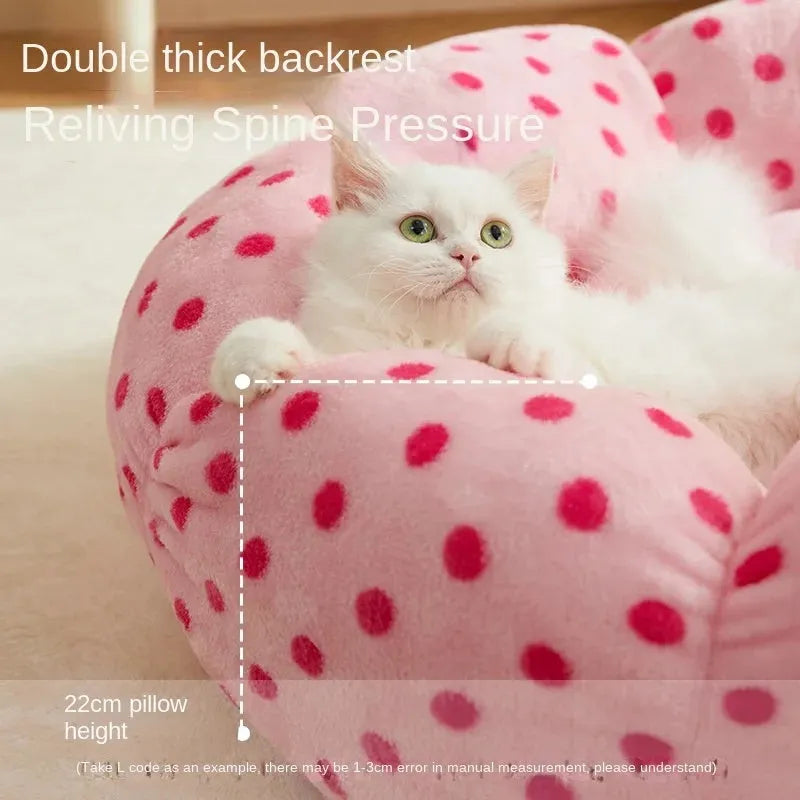 Pink dot fabric princess-style cat bed cushion shown in two sizes for small and medium cats.
