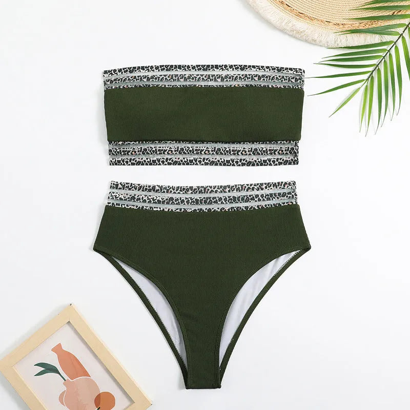 Black strapless split swimsuit with leopard print splicing pattern on mannequin