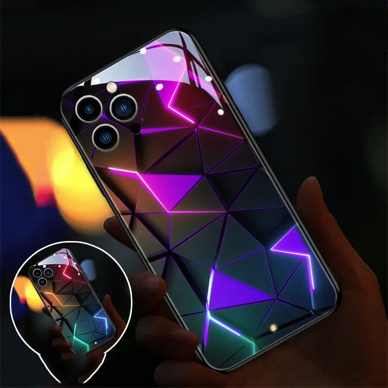 Xpress 14 tempered glass iPhone case with illuminated diamond grid pattern lighting up.