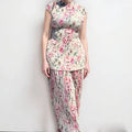 Long sleeve printed chiffon dress set with high waist skirt and matching top in picture colour floral design