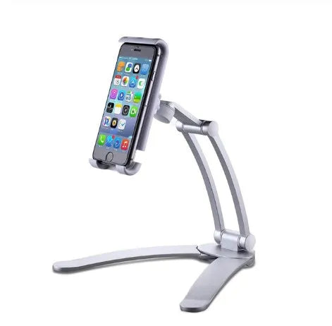 Silver and white aluminum alloy desktop stand holding a tablet at an adjustable angle.