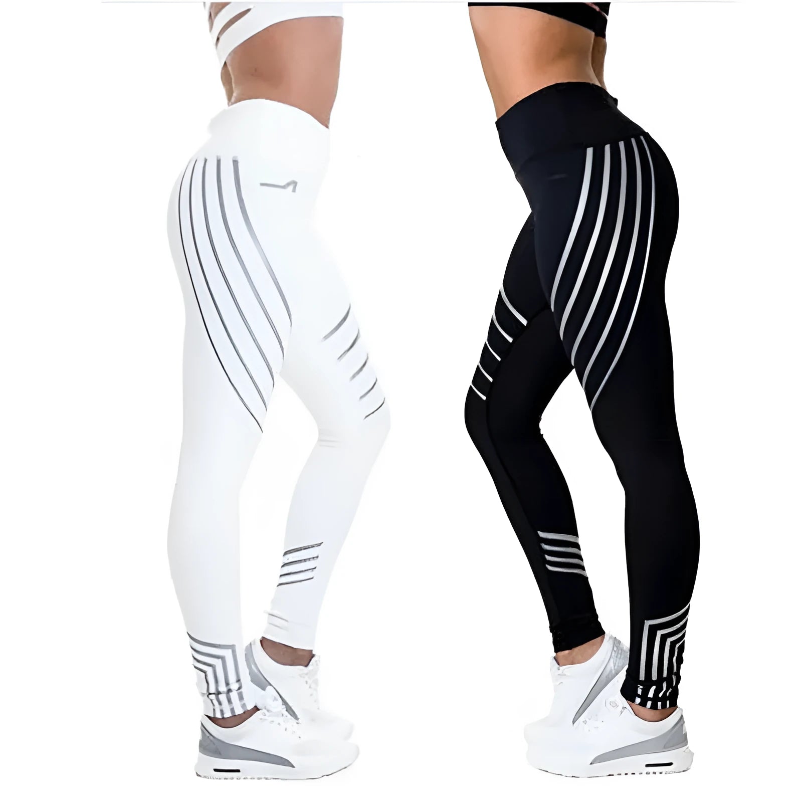Women's black printed Milk Silk workout leggings with a slim fit, shown from the side.