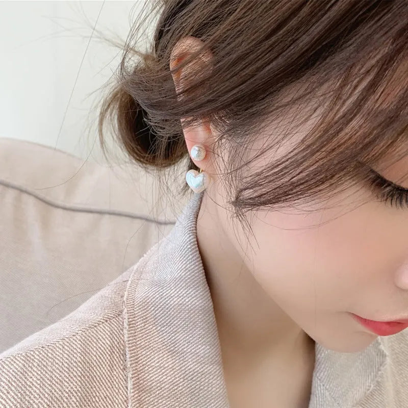 Korean style women's heart-shaped pearl stud earrings with alloy construction and electroplated silver tone finish