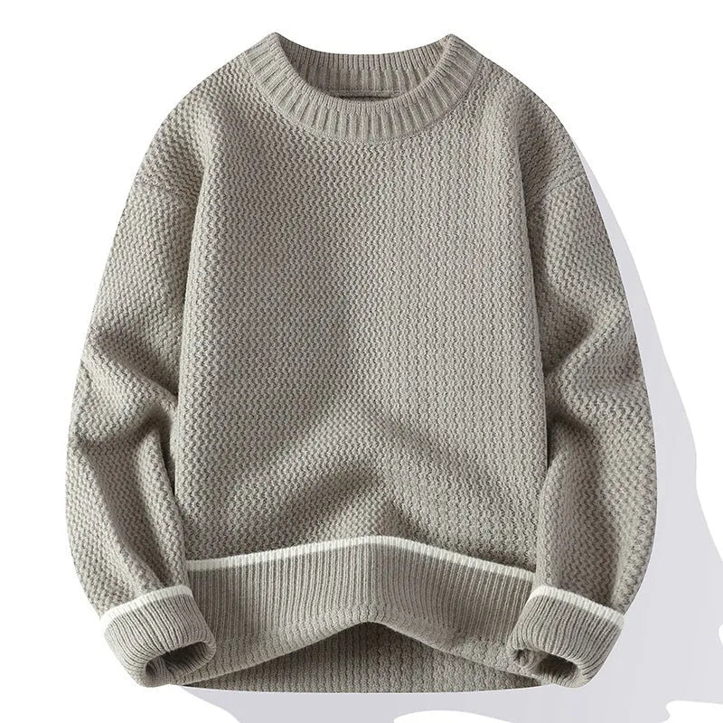 Grey men's casual loose fit round neck long sleeve knitwear sweater on a hanger.