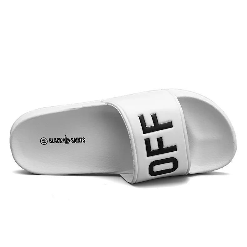 Men's personalised open toe slippers with rubber soles available in black and white colours
