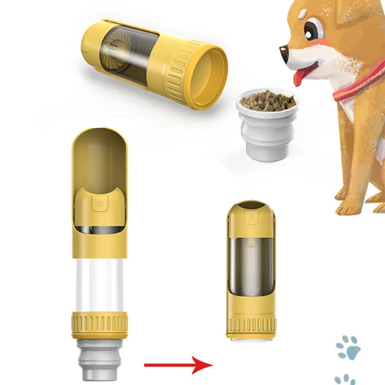 Dark blue portable dog water bottle with integrated drinking bowl, shown with leak-proof lock.