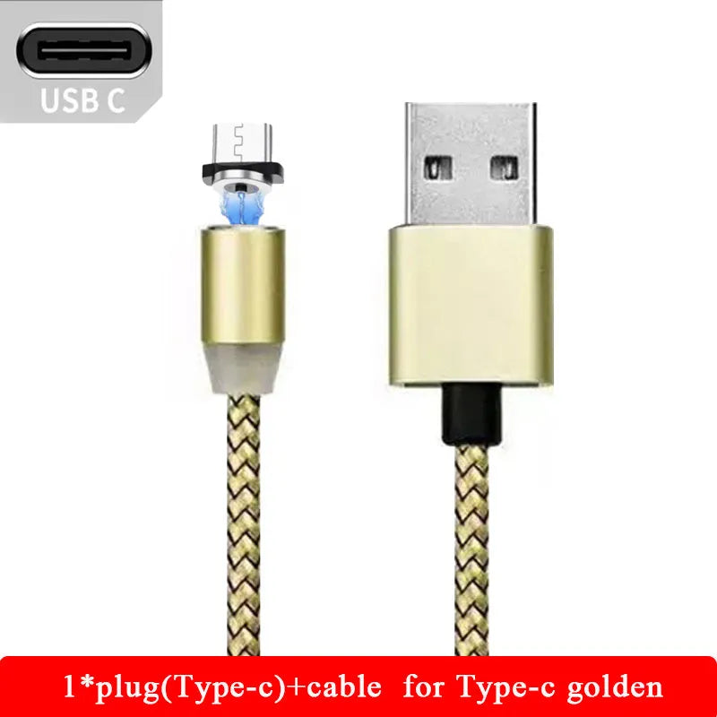 YBD black magnetic USB charging cable with LED light, shown with Lightning, Micro-USB, and Type-C connectors.