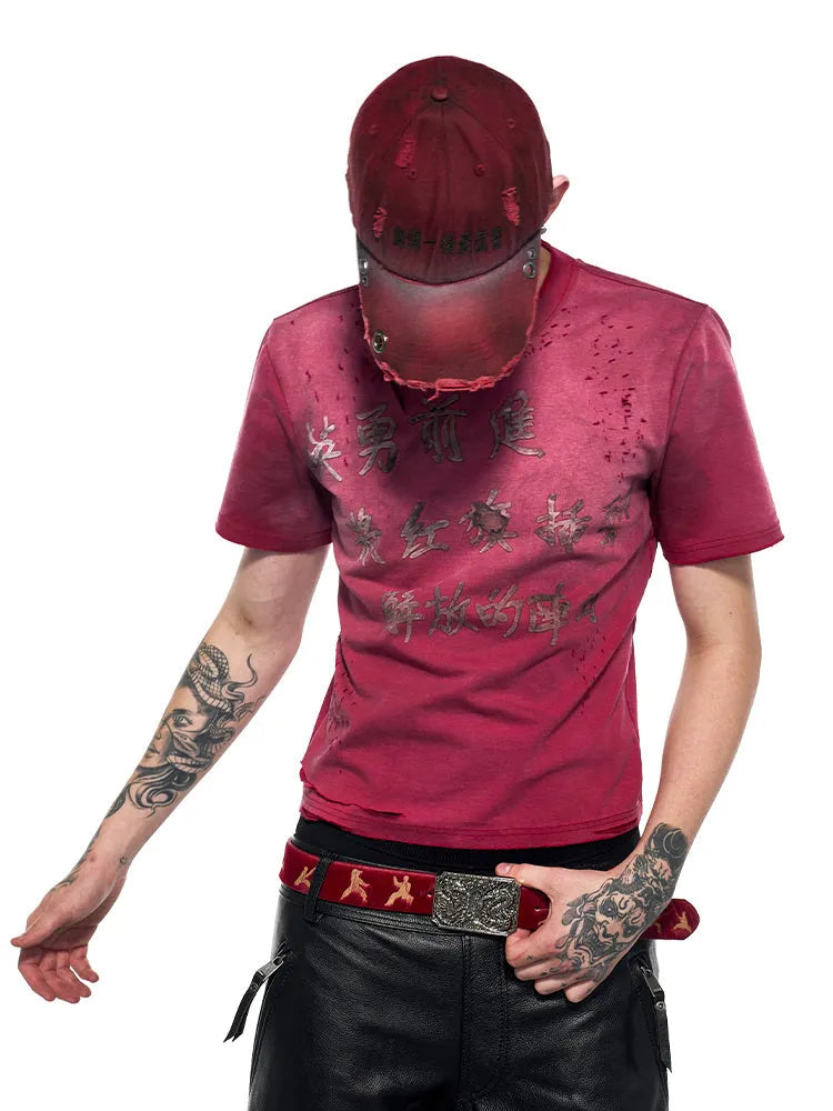 Red distressed slim-fit men's T-shirt with short sleeves and a round neck.