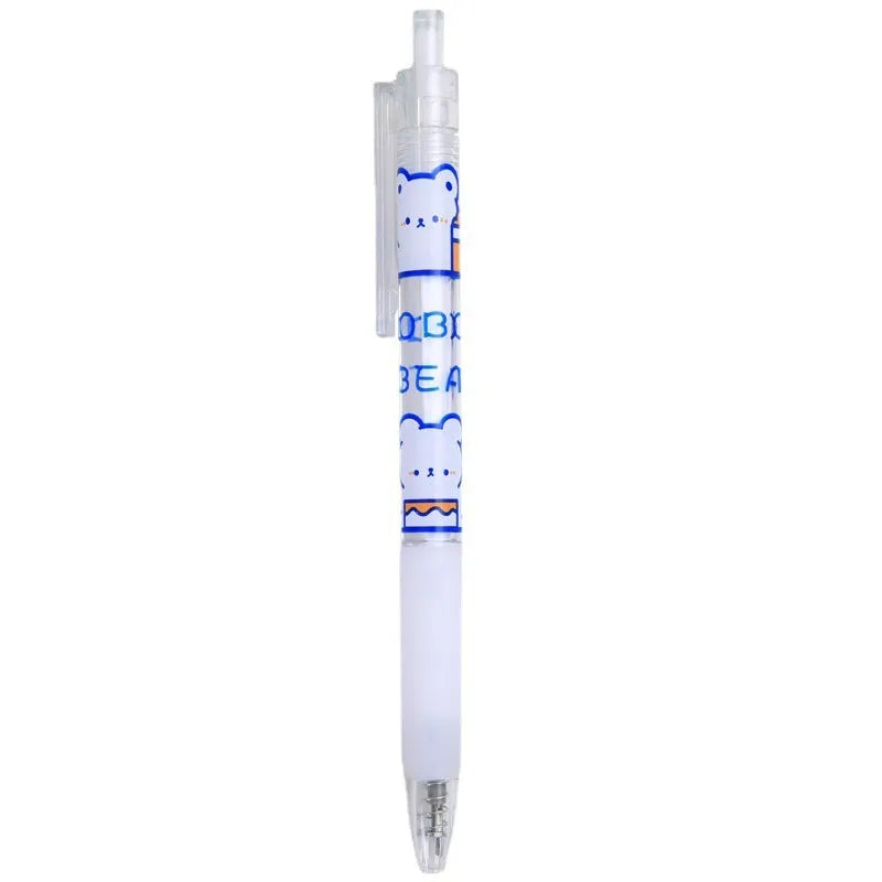 Press pen knife with retractable blade showing character designs including bear and rabbit themes.