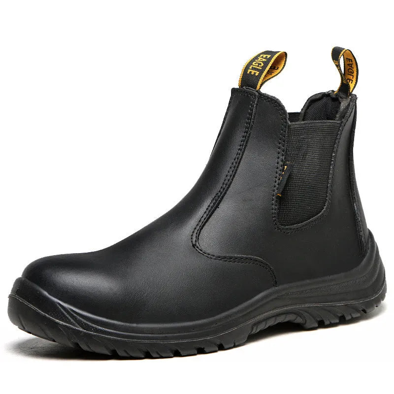Black leather safety boots with high-top design and anti-piercing sole protection