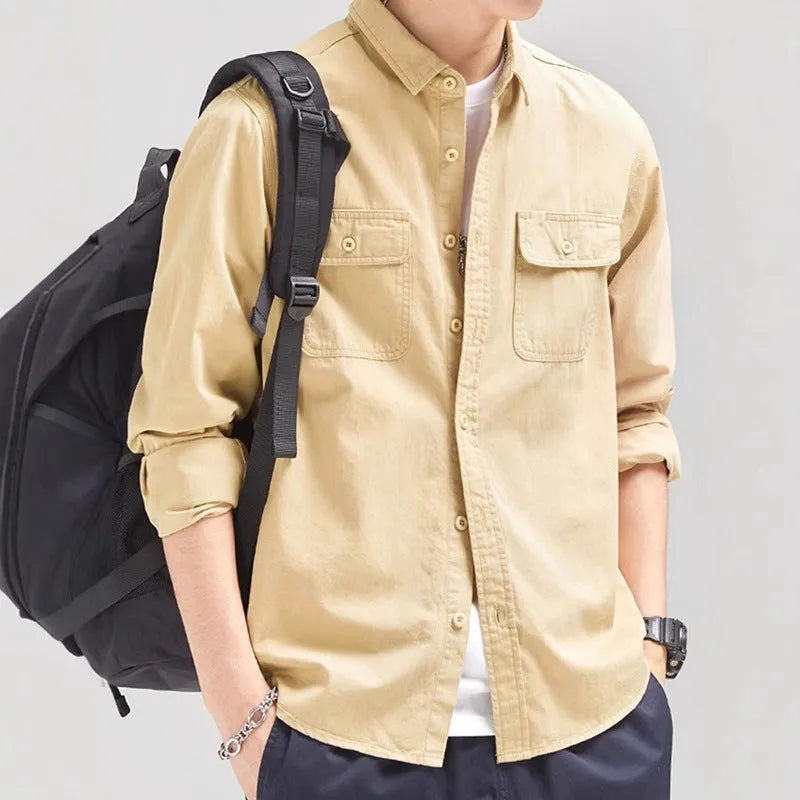 Men's loose long sleeve cardigan overalls in light grey polyester fabric.