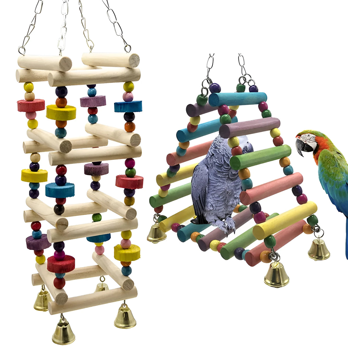 Parakeet bird toy swing stand in solid wood and metal, 45 x 10cm, for parrots and small birds