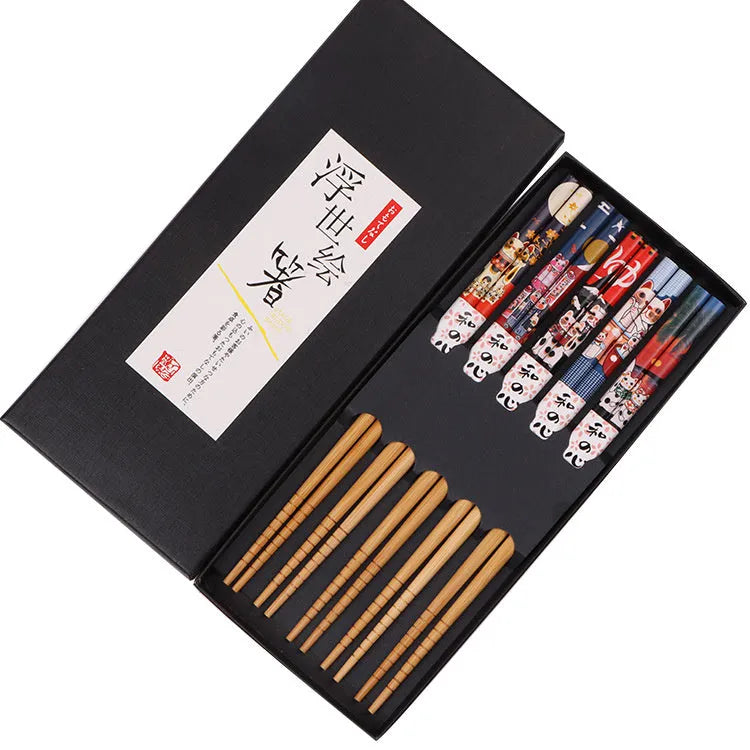 Set of five Japanese-style patterned bamboo chopsticks with lucky cat or elegant blue design.
