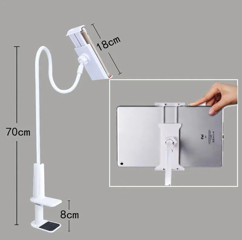 Black aluminium alloy bedside phone stand with a long flexible arm holding a mobile phone on a table.