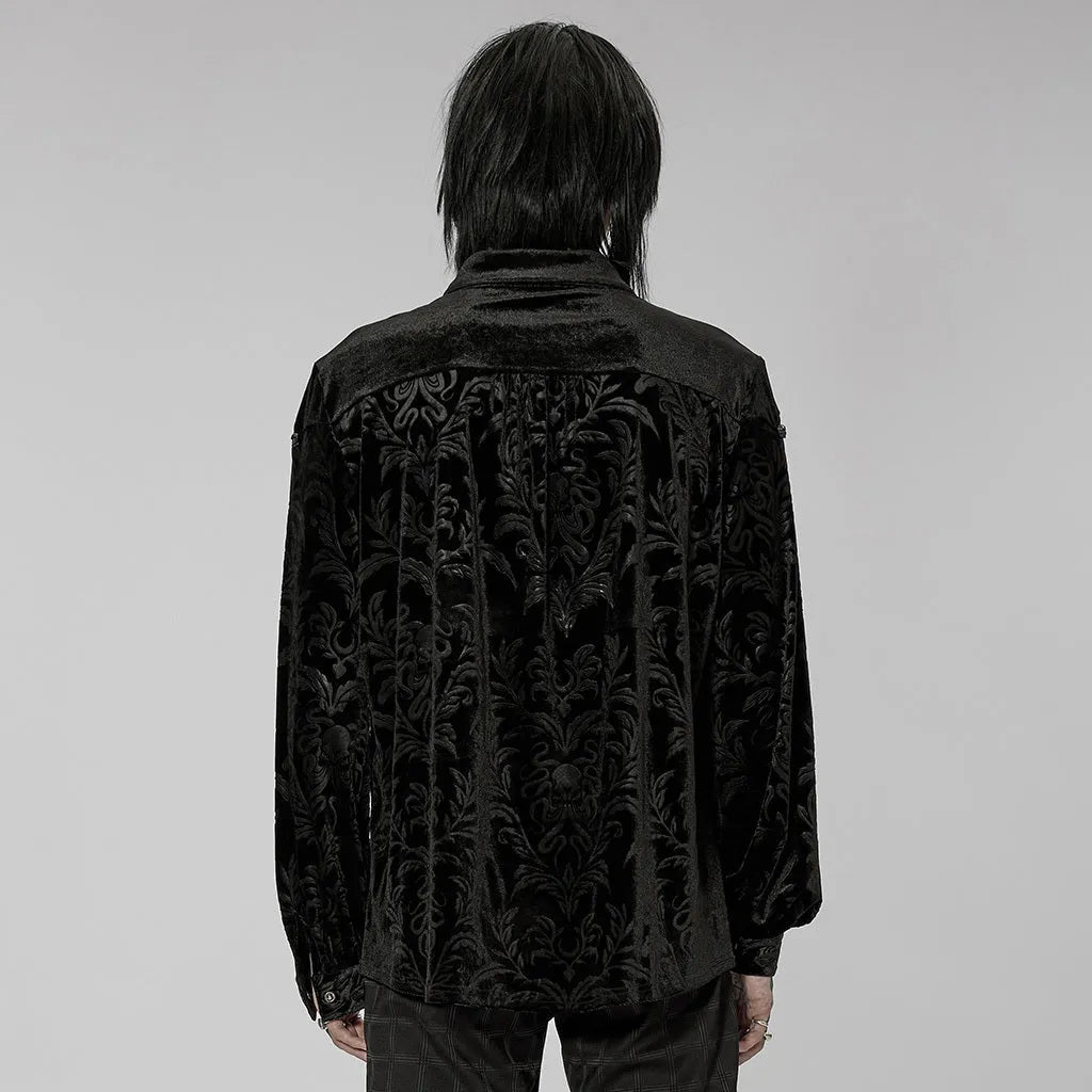 Black Gothic-style men's velvet shirt with a pointed collar and long sleeves on a hanger
