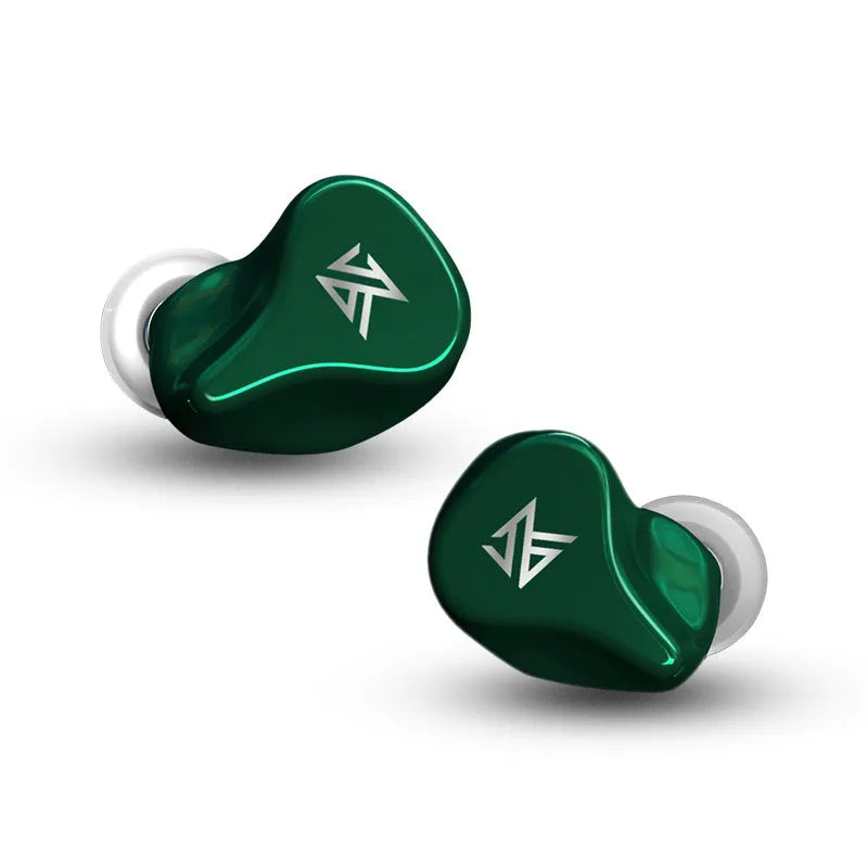 Black and green Z1 true wireless Bluetooth in-ear headphones with no connecting wire, shown on a white background.
