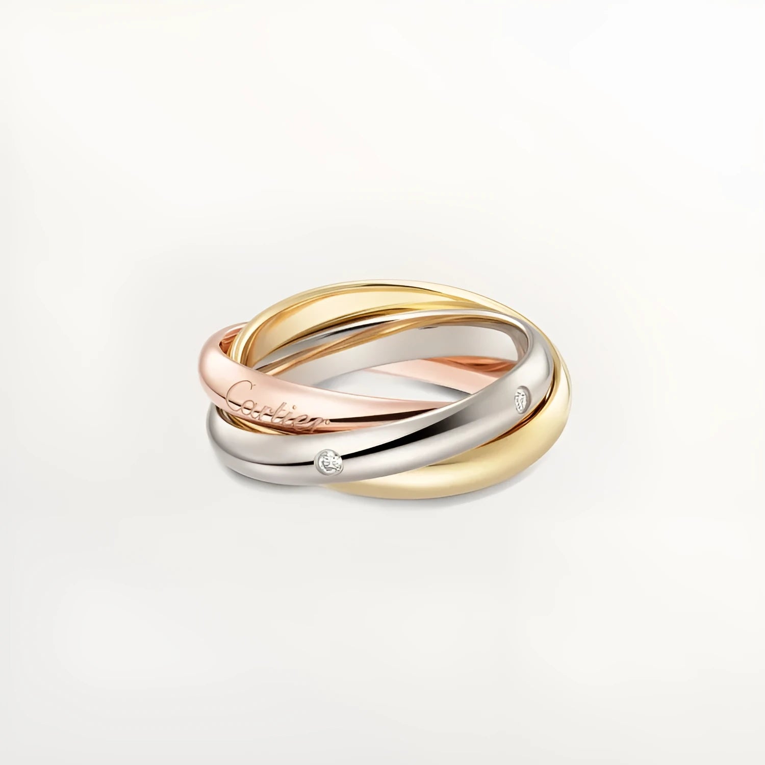 A pair of matching sterling silver U-shaped geometric couple rings with diamond accents on a black background.