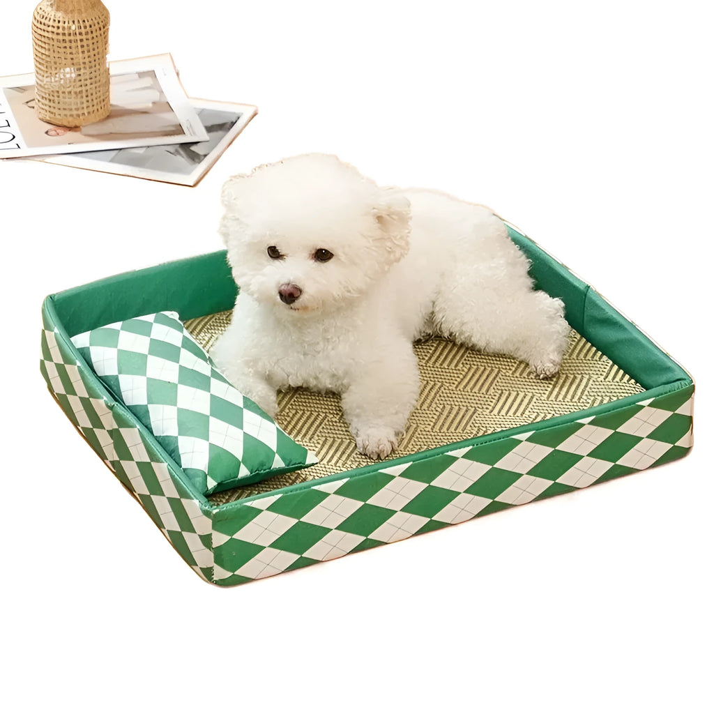 Rattan cat bed and litter mat in blue or green showing textured surface and non-removable base design