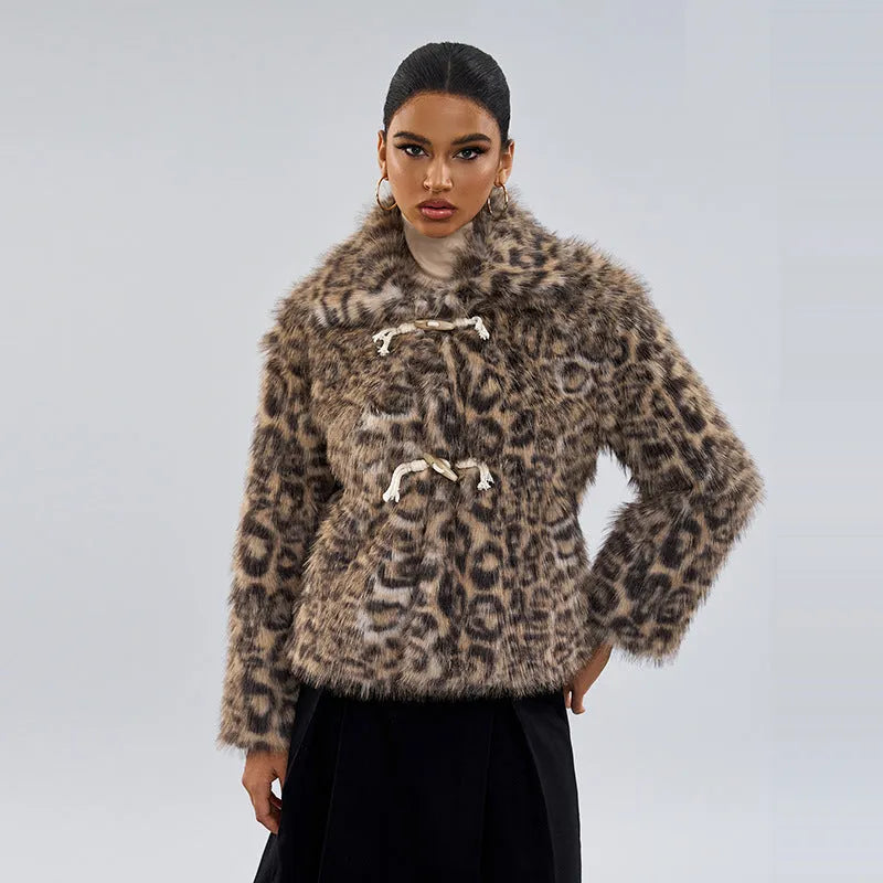 Women's leopard print coat with buckle lapel detailing in street fashion style