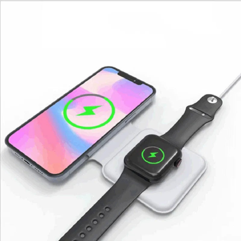 White folding magnetic wireless charger showing angled stand position with phone charging
