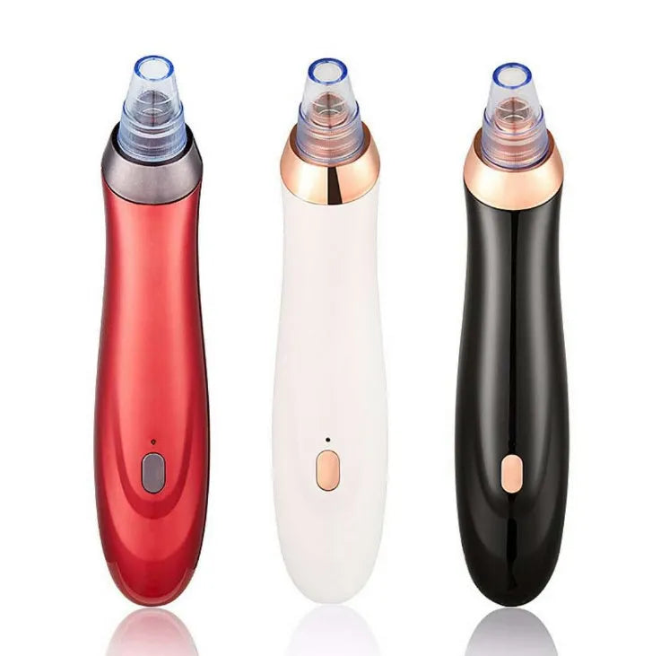 Black, gold, red, or white electric blackhead remover device with nozzle attachments on a white background.