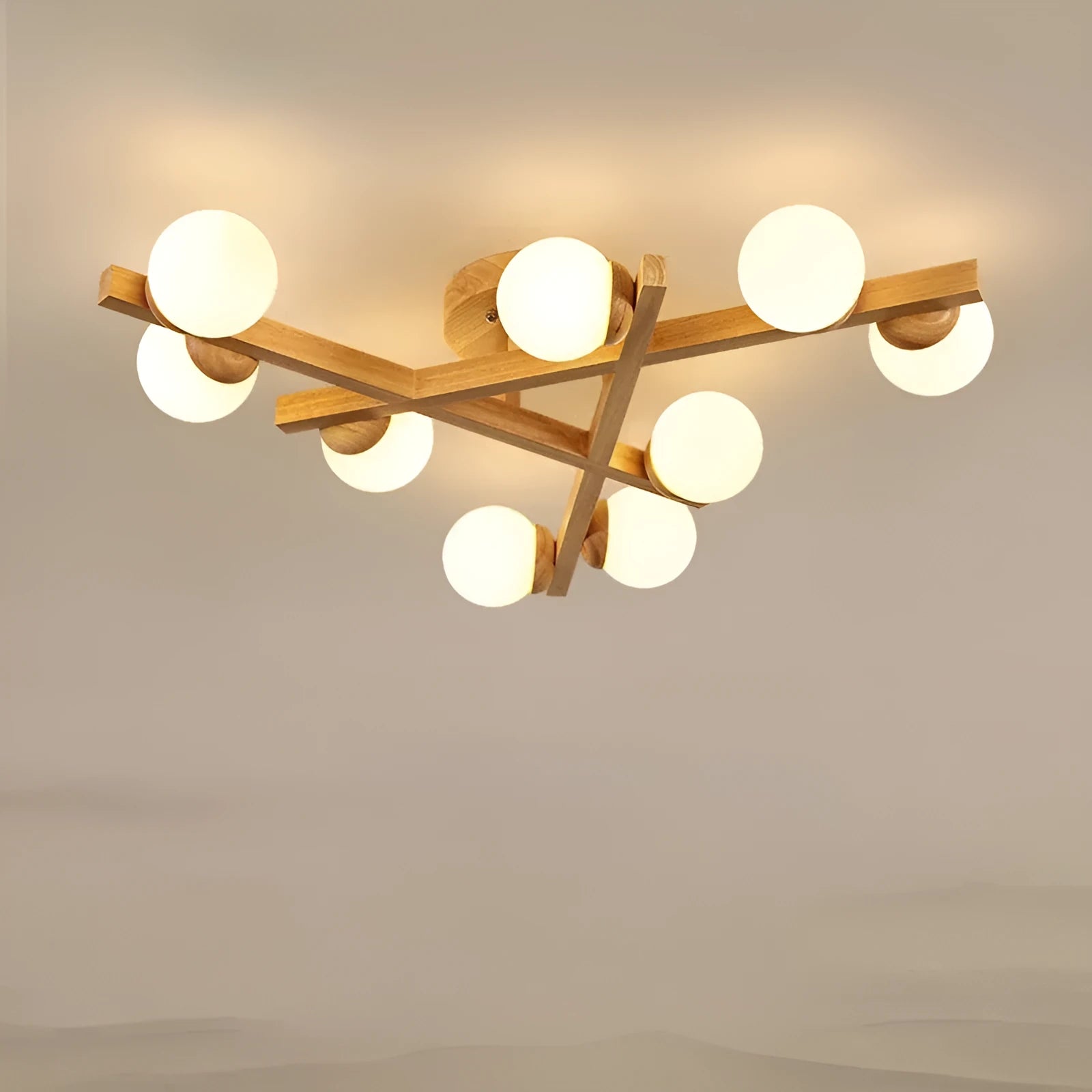 Wooden style circular ceiling lamp with three pendant lights in a Nordic design