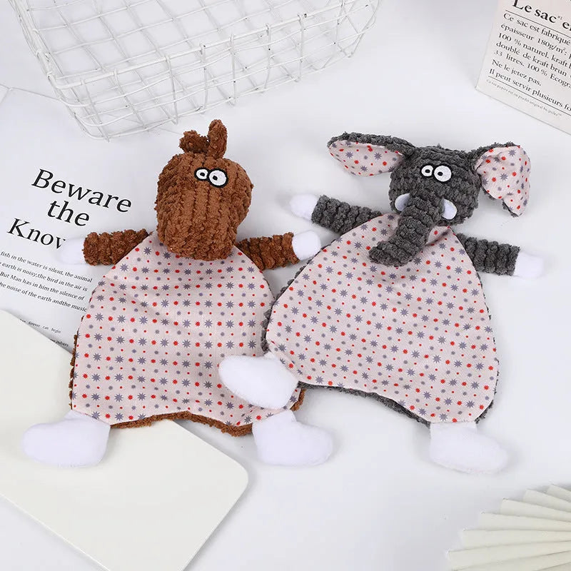Brown velvet fox elephant pet toy with crinkly paper sound effects inside for cats and dogs