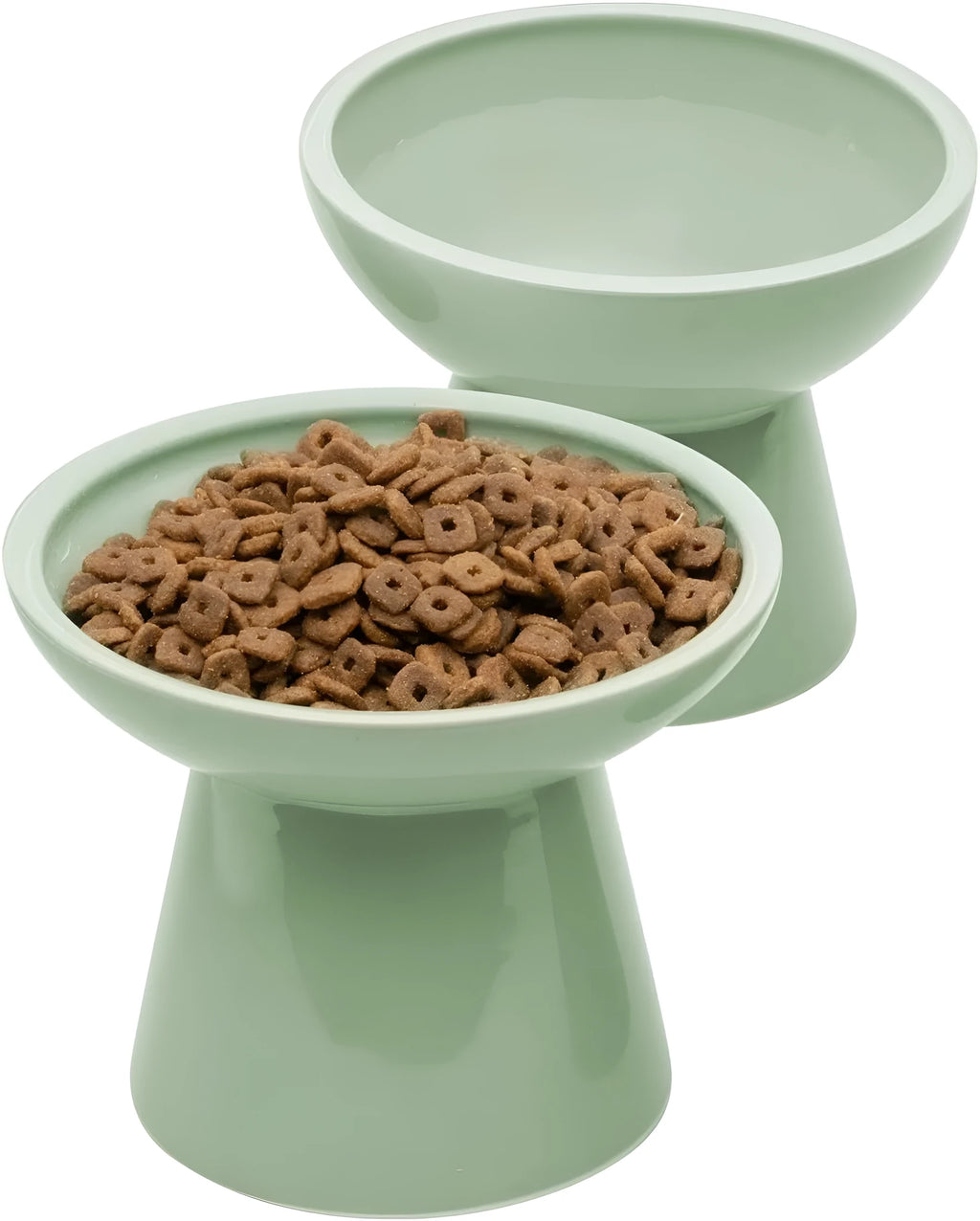 Elevated ceramic cat bowl with wide shallow dish in blue, green, pink or white colours