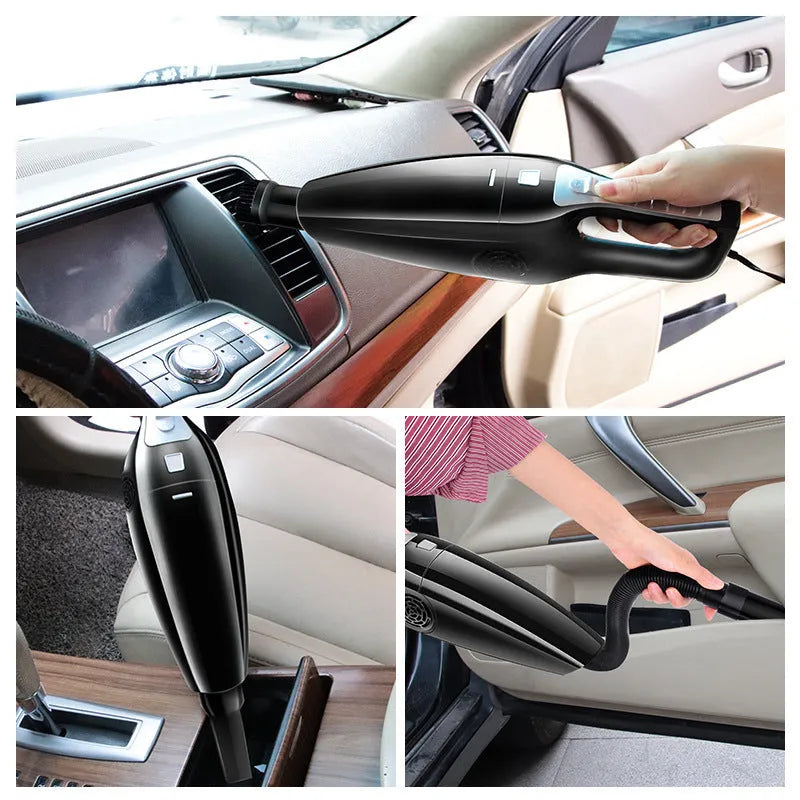 Black and orange car vacuum cleaner with cigarette lighter plug showing 120W power rating