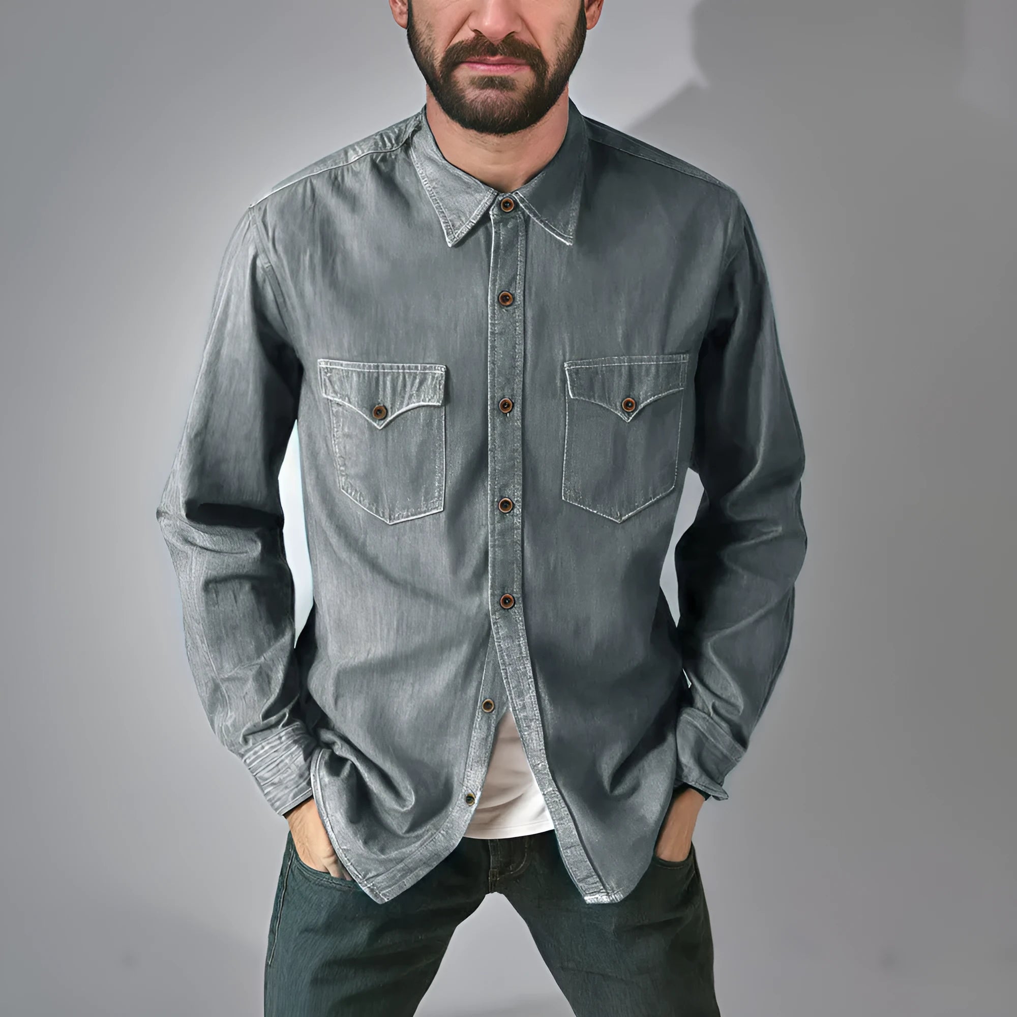 Men's regular fit denim cardigan coat in khaki, shown open over a white t-shirt.