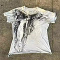 Men's grey Gothic cartoon print short sleeve polyester top shown on a hanger.