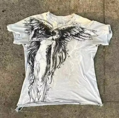 Men's grey Gothic cartoon print short sleeve polyester top shown on a hanger.