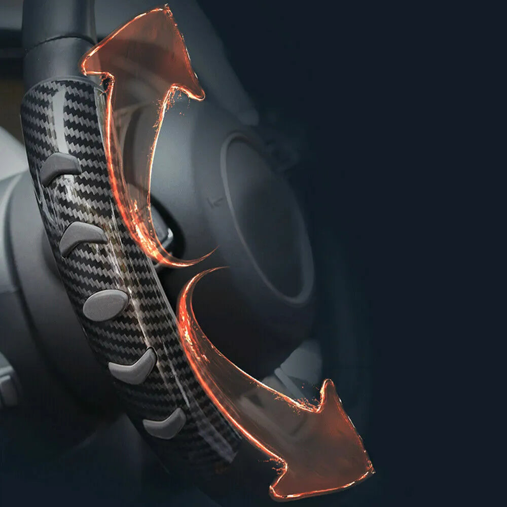 Carbon fibre black steering wheel anti-skid sleeve showing universal 38cm diameter fitment